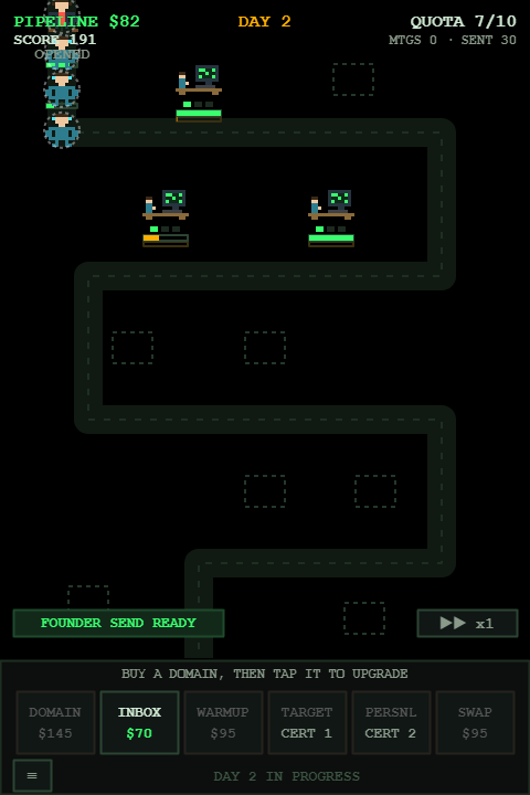 Gameplay: prospects walking a path past domain towers, with pipeline, score, and quota counters along the top.